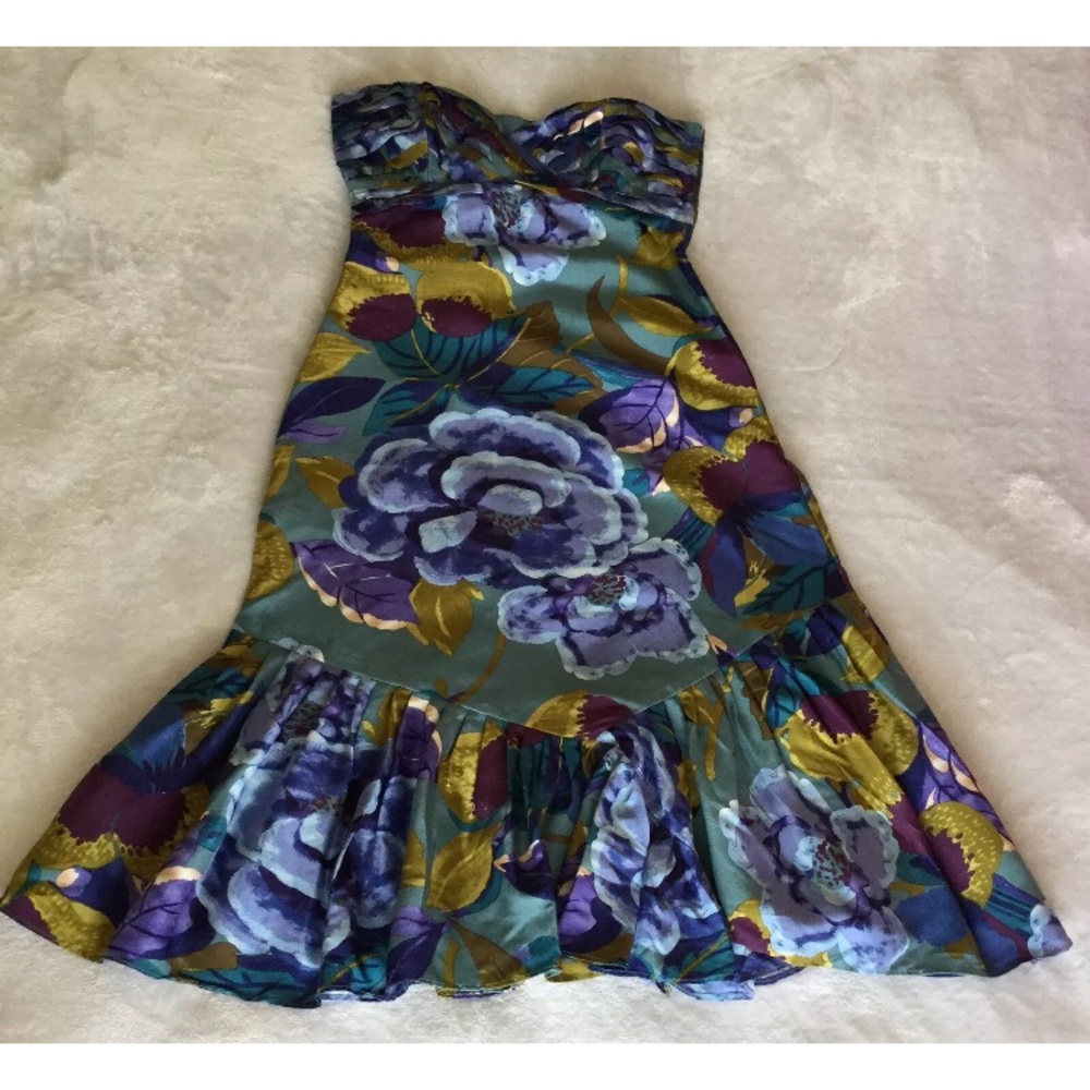 Deletta Anthropologie Silk Floral Dress Strapless
